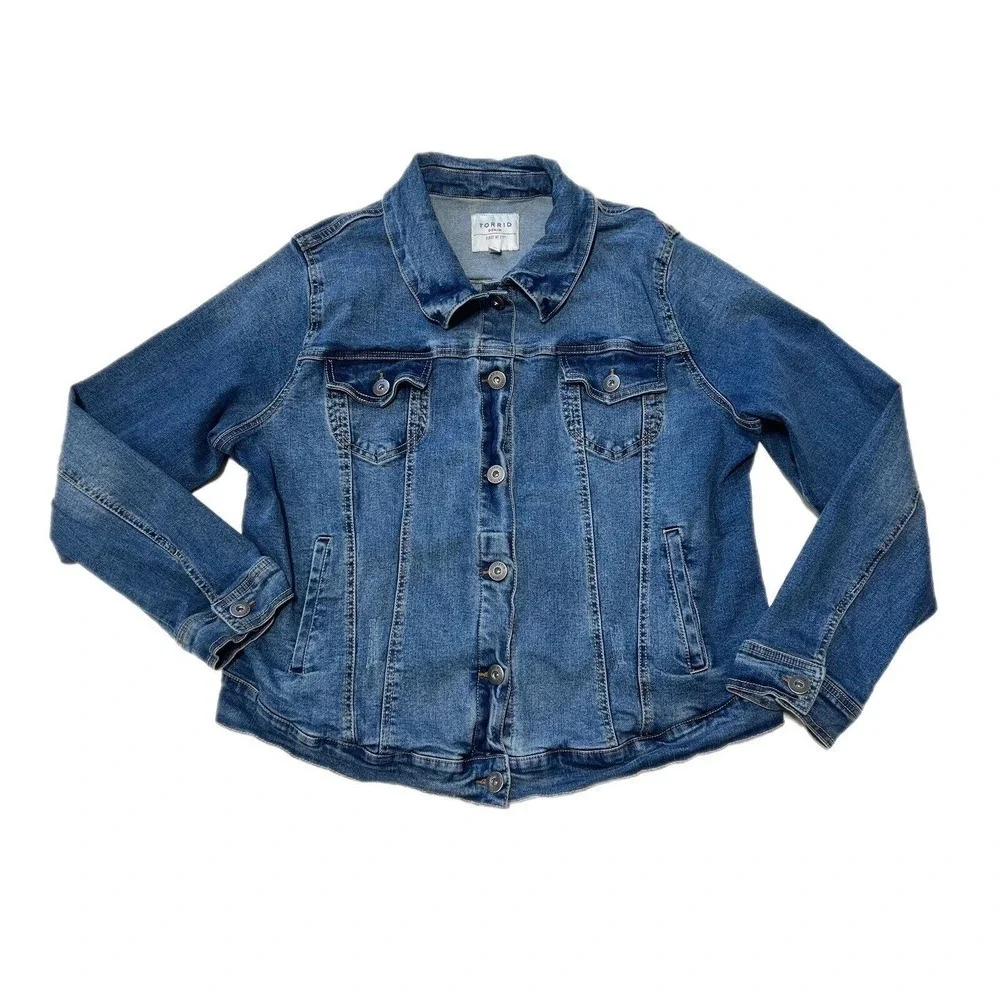 Torrid Jean Jacket Womens Plus Size 2X Blue Trucker Stretch Distressed